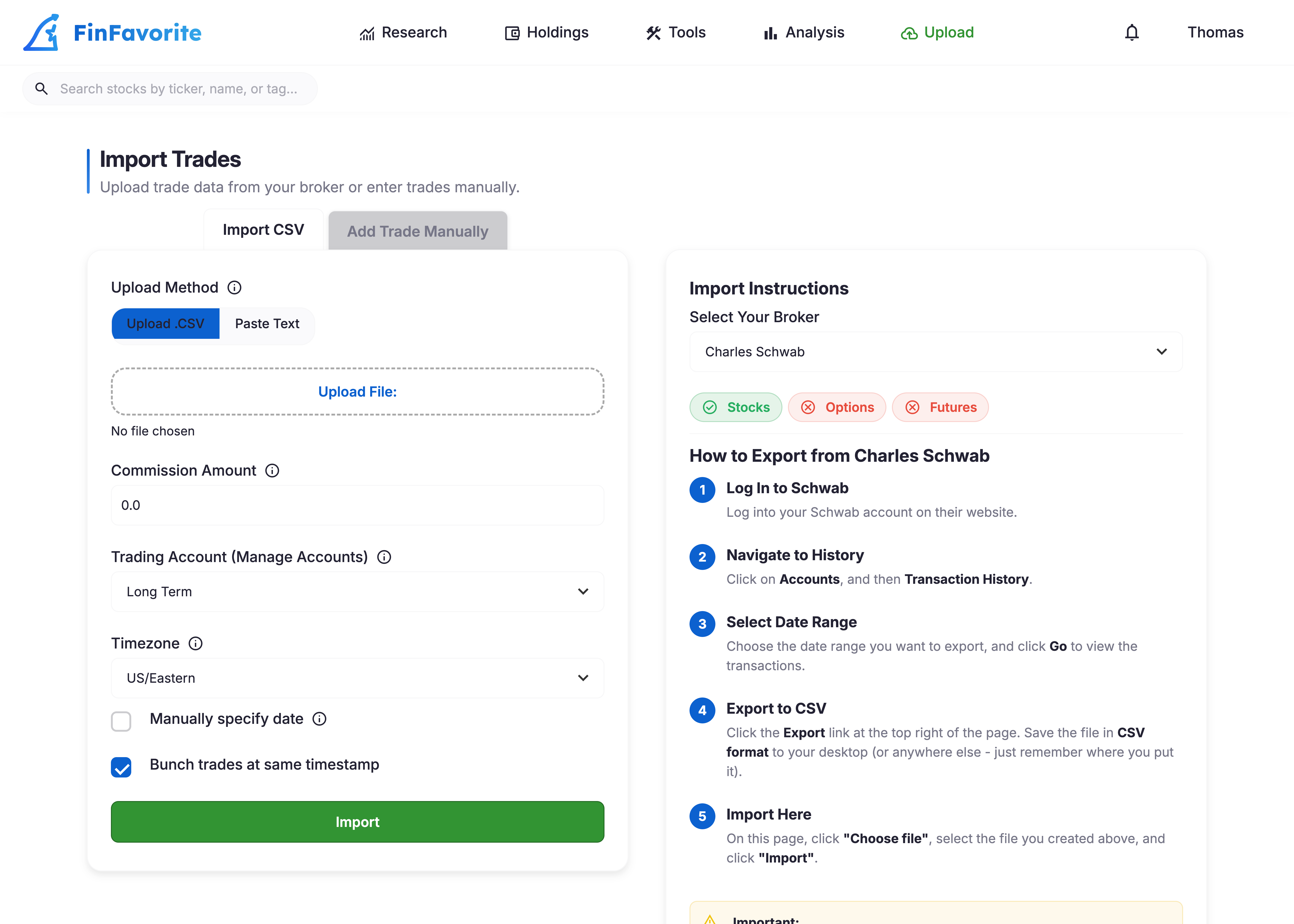 CSV import flow in FinFavorite